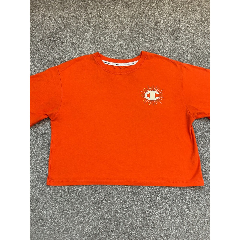 Champion T-Shirt Womens Medium Orange Excellent Cropped Sunburst Logo W5950G